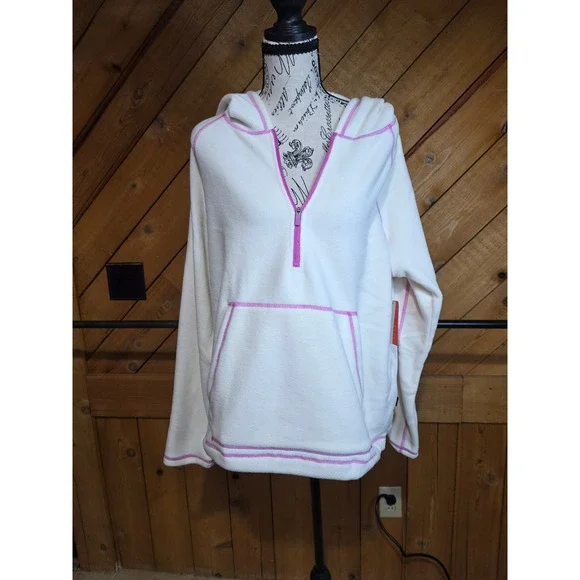 Bass Outdoor Womens Half Zip Hoodie Gardenia White Pink Fleece L NWT - Picture 1 of 5